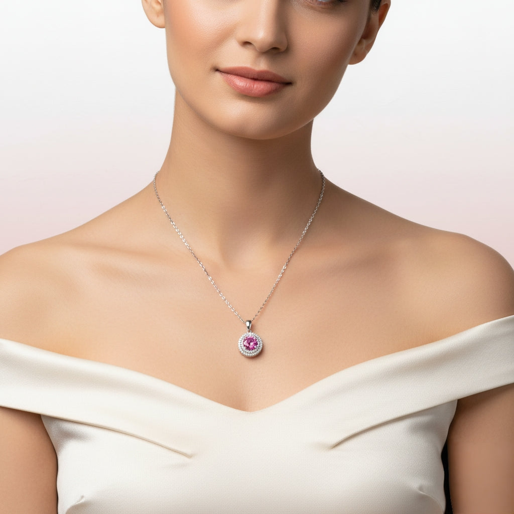 Elegant woman wearing pink moissanite silver necklace from Tanishq Gems